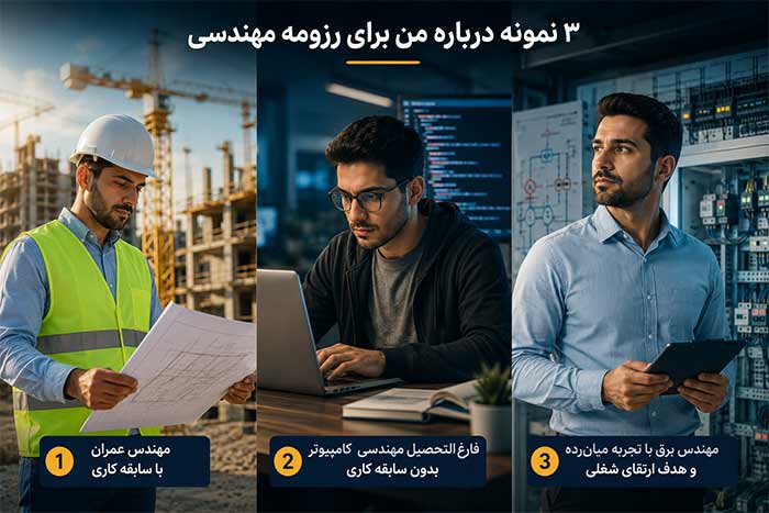 رزومه ۳ نمونه کامل درباره من برای رزومه مهندسی (آماده استفاده)